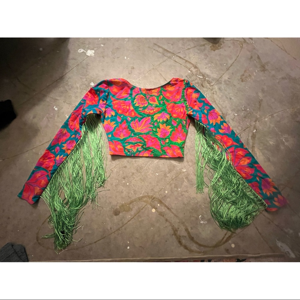iHeartRaves Floral Fringe Bikini Top - Pink and Green